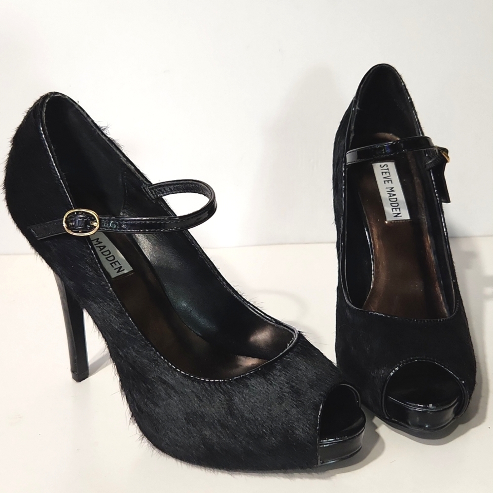 Steve Madden Laveda Black Leather Calf Hair Peep Toe Pumps Size 8M EUC! - Picture 1 of 11